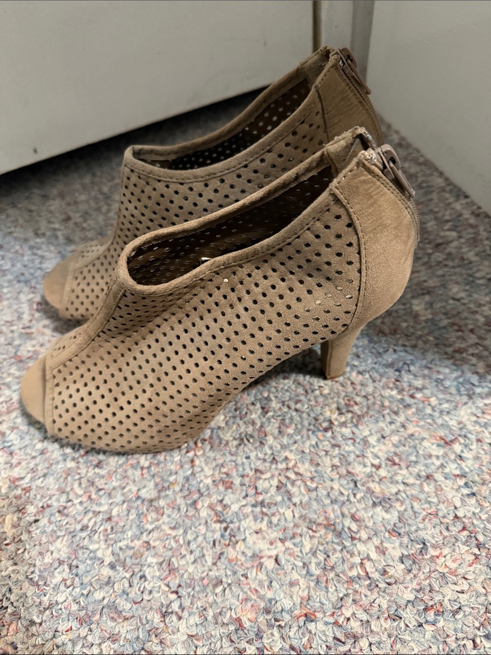Madden Girl Taupe Perforated Peep-Toe Kitten Heels